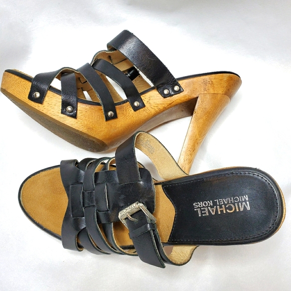 Michael Kors Black Leather Size 8 Wooden Heeled Sandals - Picture 3 of 11